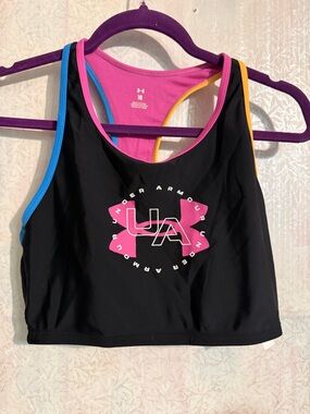 Under Armour Pink Sports Bra with Blue and Yellow Trim, Gym, Play, Swimming 16